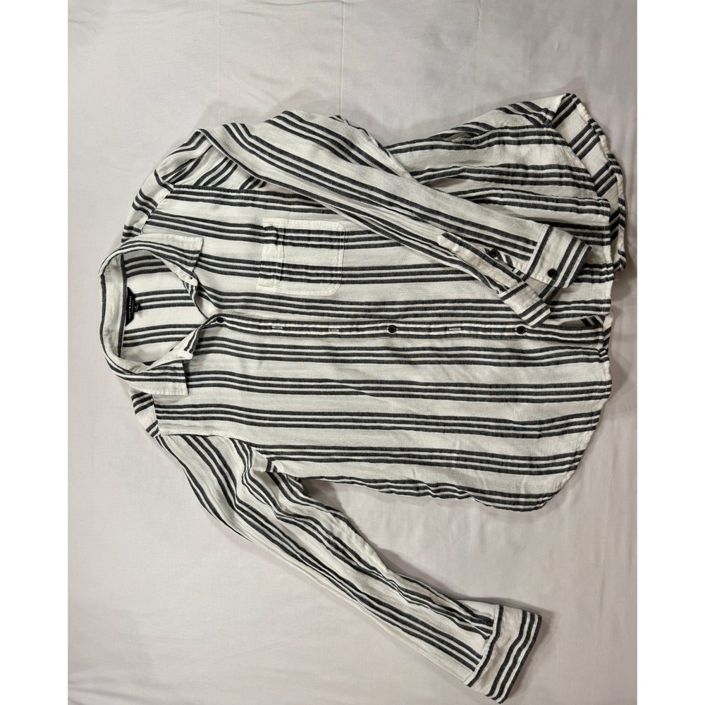 Lucky Brand Womens Striped Button Down Shirt L Black White Long Sleeve Cotton Bl